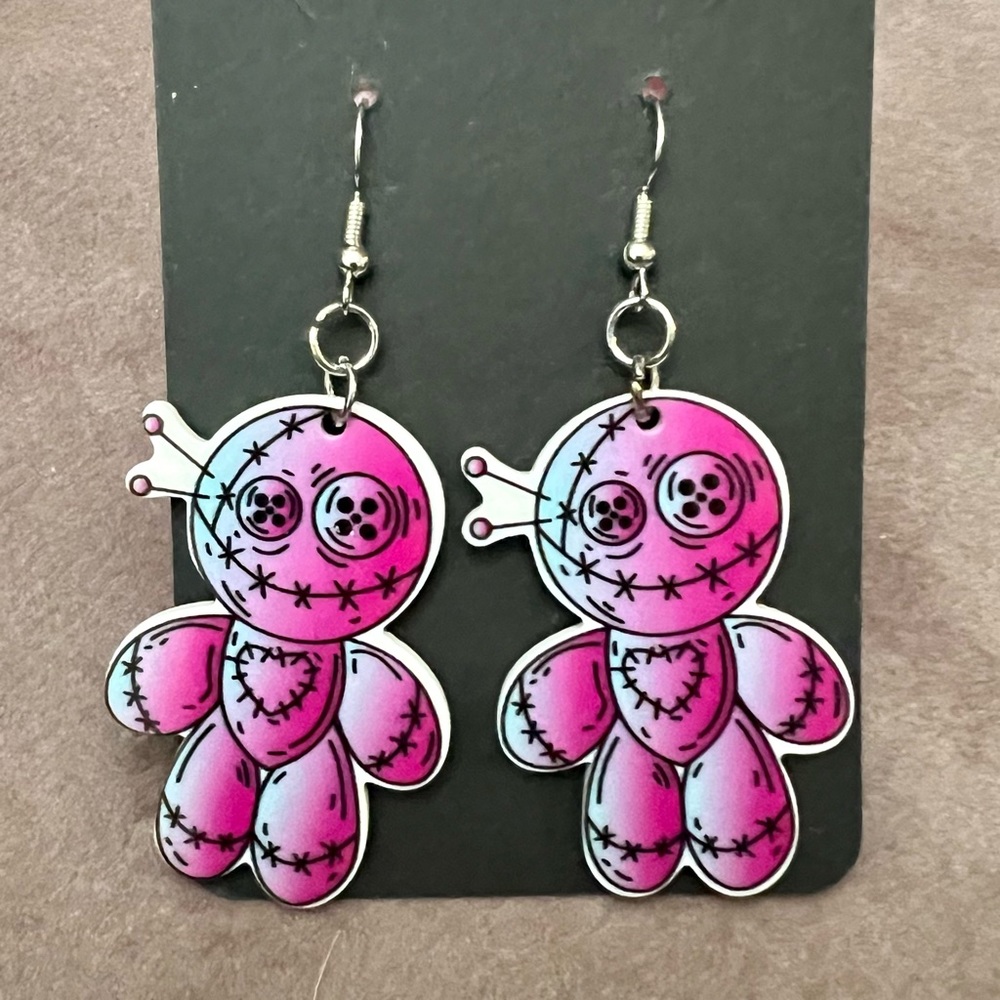 💜New Pink Voodoo Doll Earrings- dangling silver hook